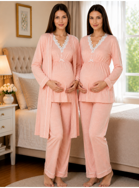 Effortt 3054 Somon Dantel Detaylı Sabahlıklı Lohusa Pijama Takımı